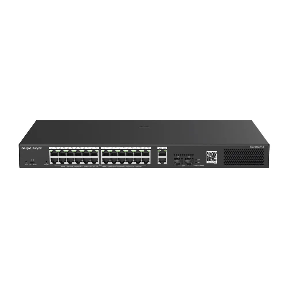 Switch Smart PoE con 24 puertos Gigabit PoE 802.3af/at + 2 SFP para fibra 1Gb, gestión gratuita desde la nube, 370w